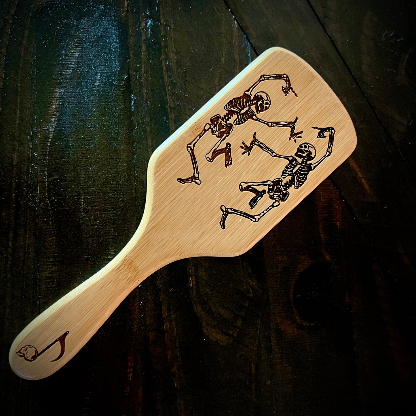 Hairbrush - Dancing Skeletons Engraved on large bamboo paddle with Bamboo Bristles