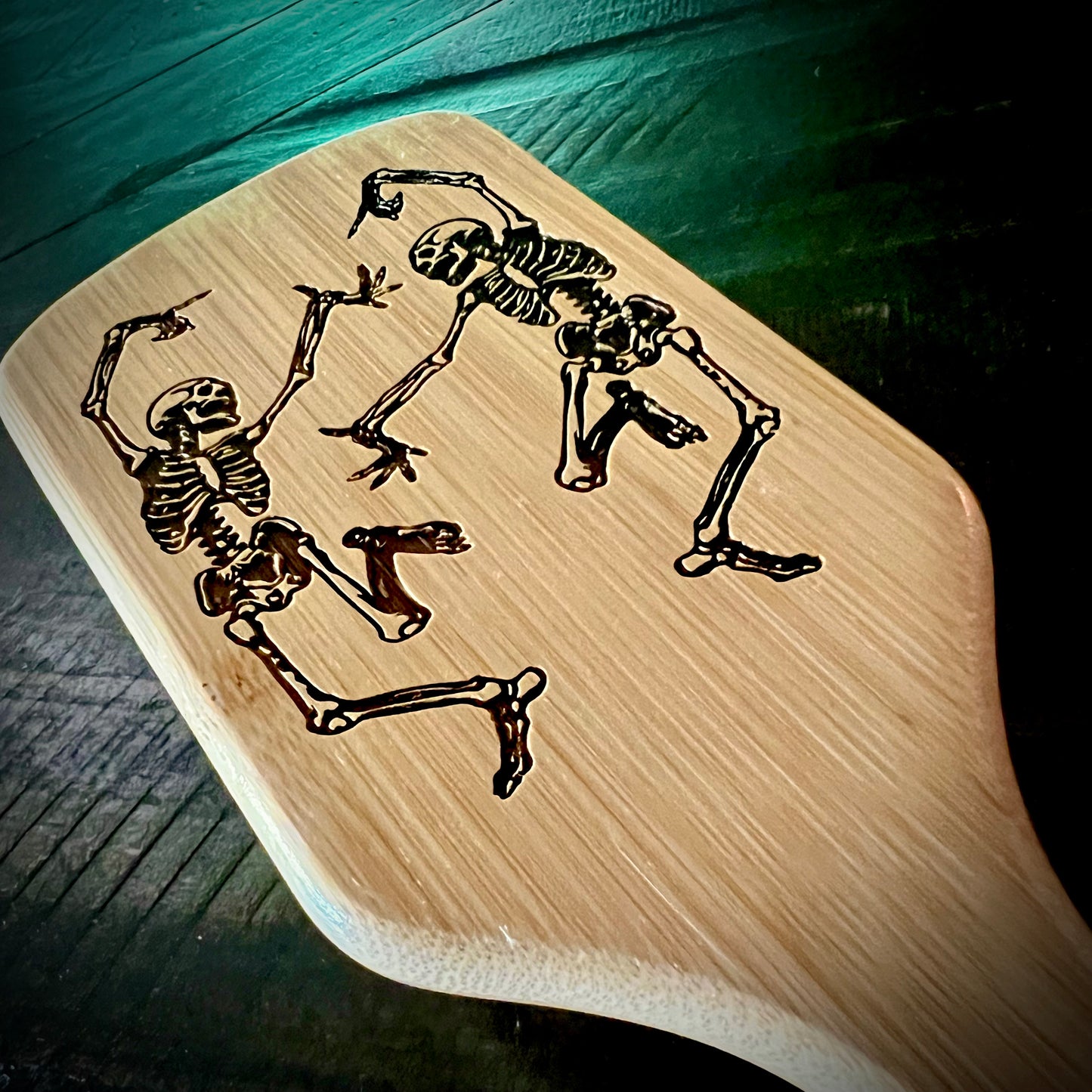 Hairbrush - Dancing Skeletons Engraved on large bamboo paddle with Bamboo Bristles