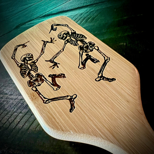 Hairbrush - Dancing Skeletons Engraved on large bamboo paddle with Bamboo Bristles