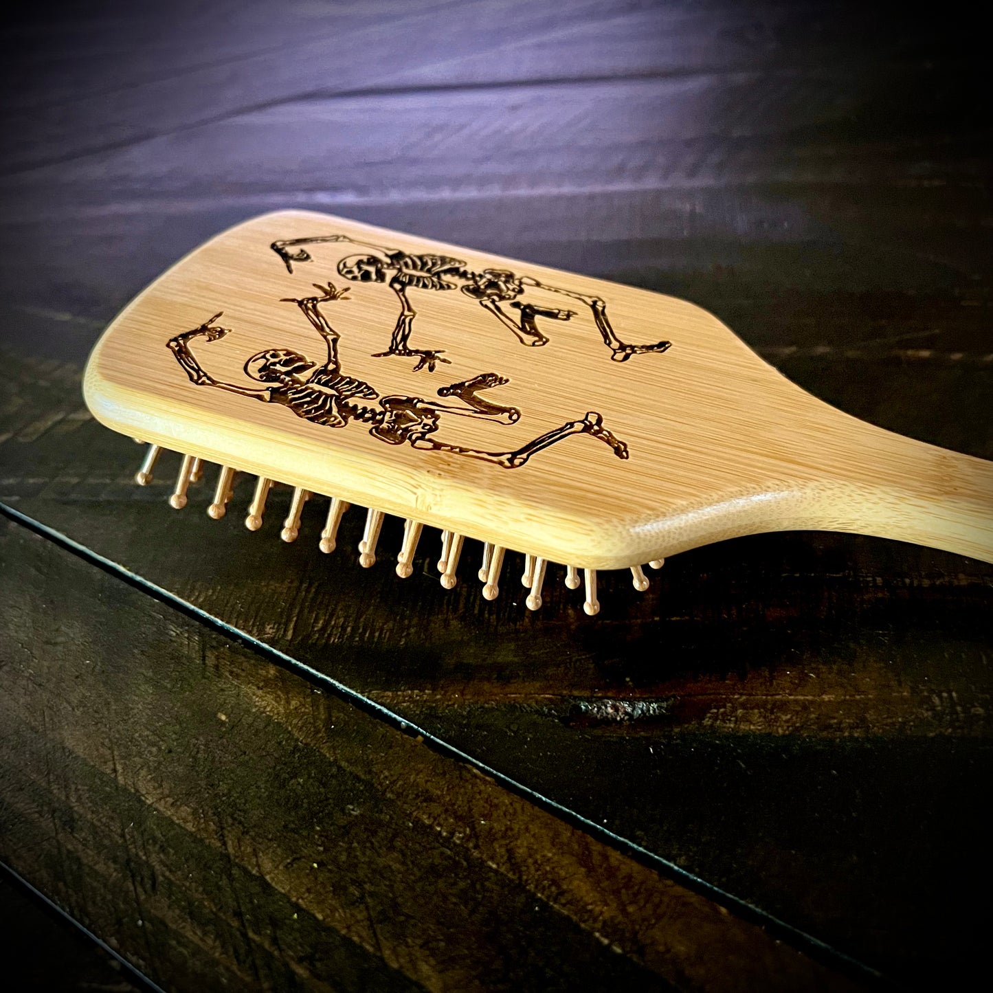 Hairbrush - Dancing Skeletons Engraved on large bamboo paddle with Bamboo Bristles