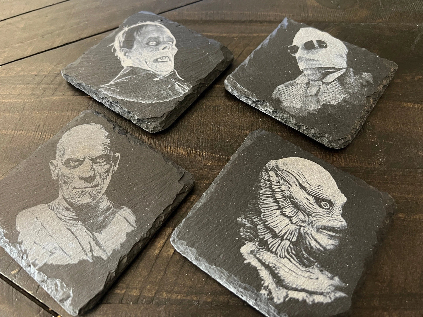 Coaster Set - Classic Monsters Series #2 Engraved on Slate (Set of four) Creature from the Black Lagoon Invisible Man Mummy Phantom of the Opera Universal