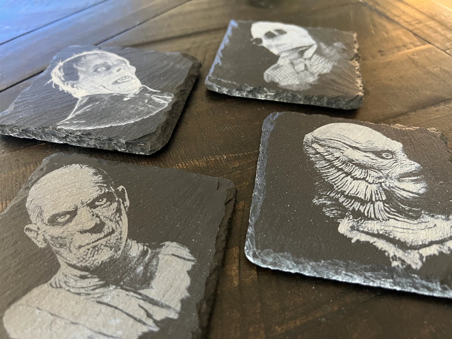 Coaster Set - Classic Monsters Series #2 Engraved on Slate (Set of four) Creature from the Black Lagoon Invisible Man Mummy Phantom of the Opera Universal