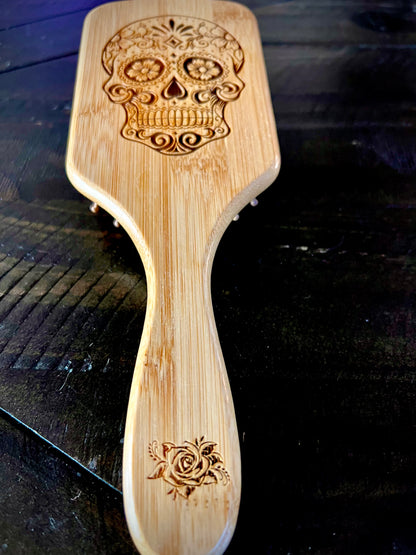 Hairbrush - Sugar Skull Engraved on Bamboo