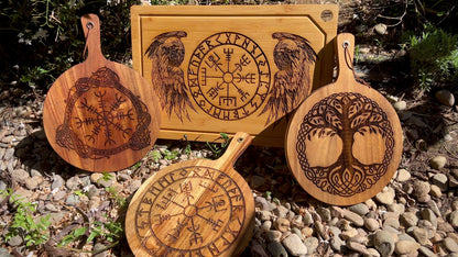 Cutting / Charcuterie Board - Odin's Twin Ravens & Vegvisir engraved on heavy duty Bamboo