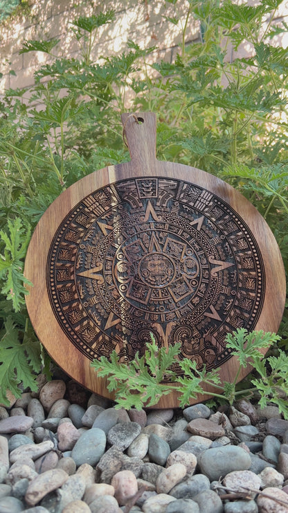 Charcuterie & Cutting Board - Aztec Calendar engraved on beautiful round acacia