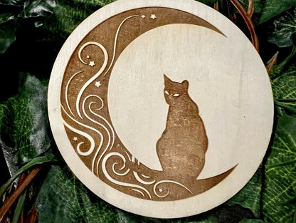 Coaster Set -  Cat & Moon engraved wood with cork backing (set of 4)