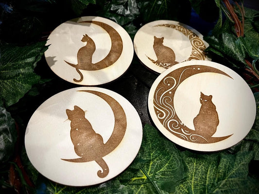 Coaster Set -  Cat & Moon engraved wood with cork backing (set of 4)