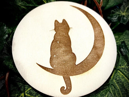 Coaster Set -  Cat & Moon engraved wood with cork backing (set of 4)