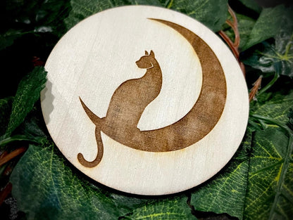 Coaster Set - Cats & Moons engraved wood with cork backing (set of 4)