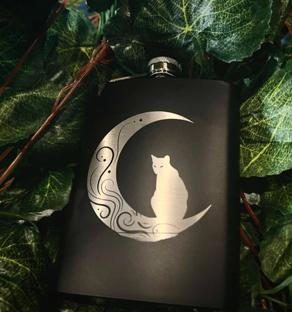 Flask - Cat & Moon 8oz (includes funnel)Stainless Steel