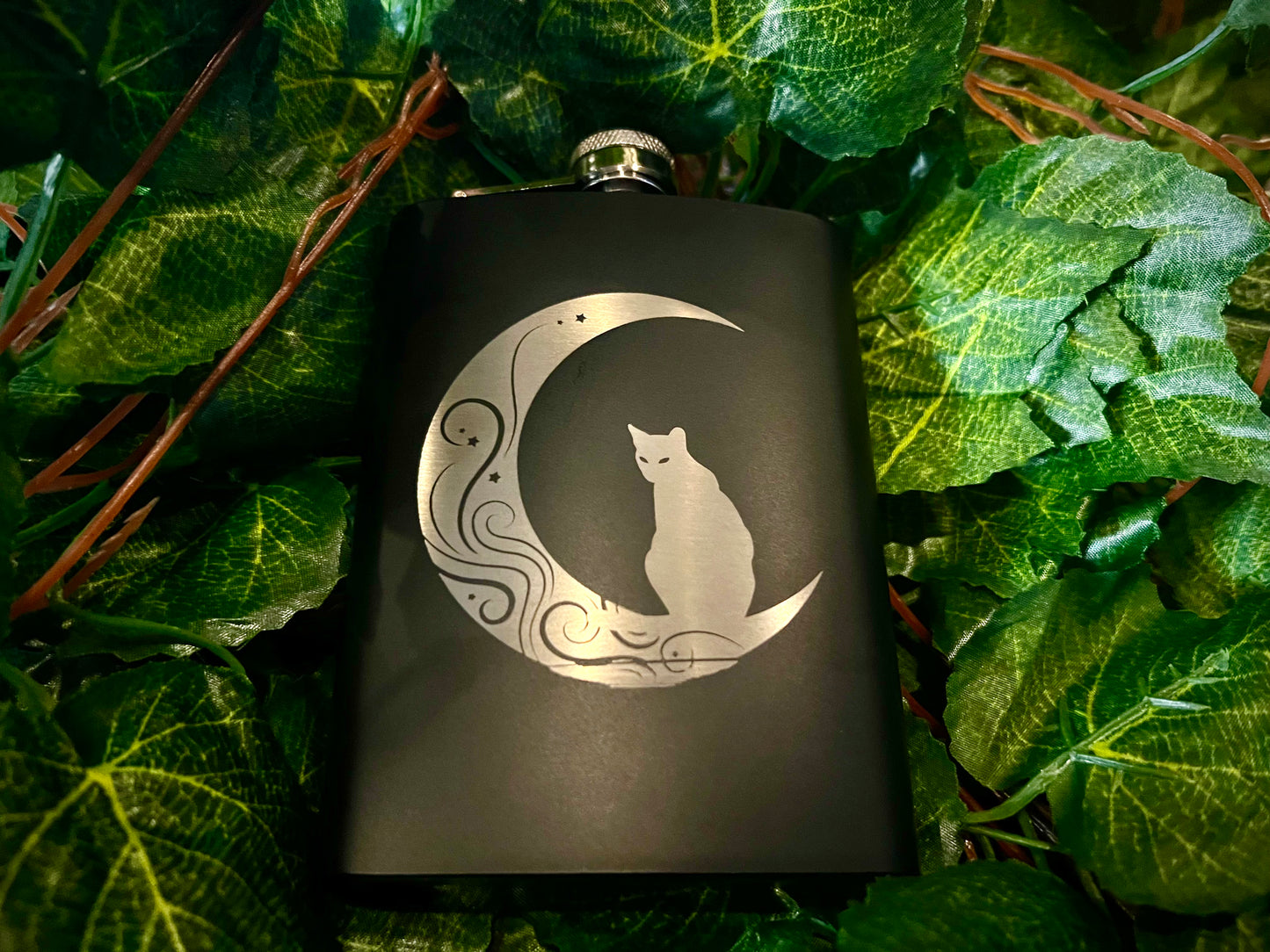 Flask - Cat & Moon 8oz (includes funnel)Stainless Steel