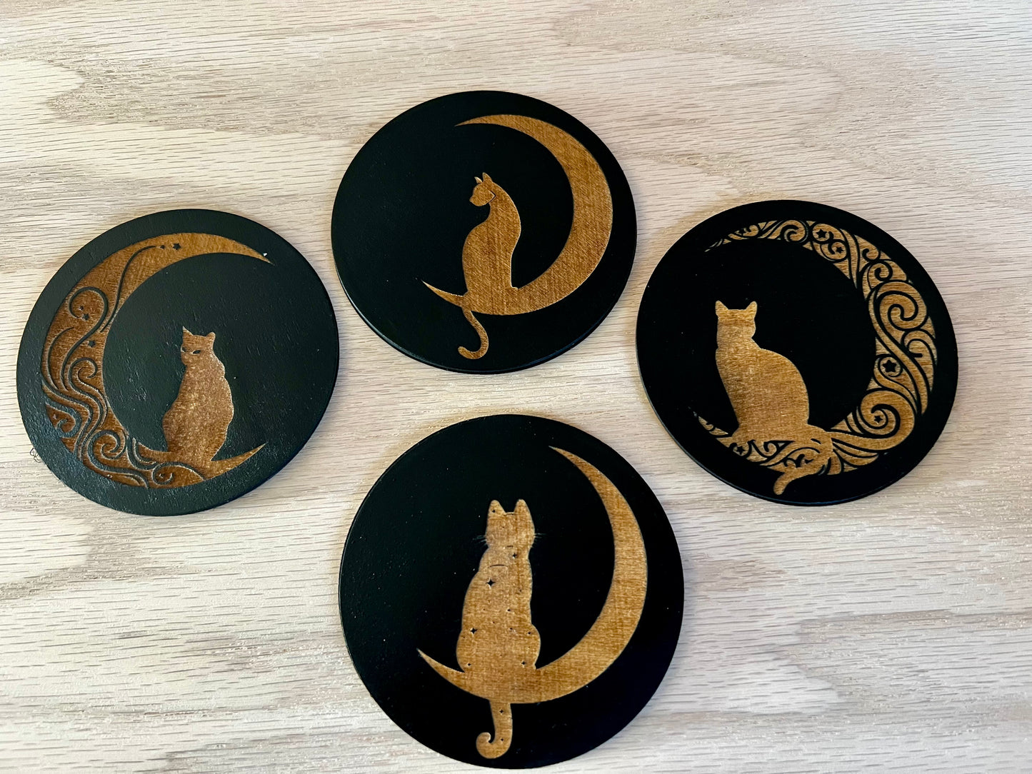 Coaster Set -  Cat & Moon engraved wood with cork backing (set of 4)