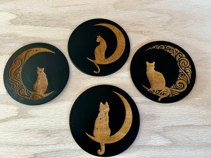 Coaster Set - Cats & Moons engraved wood with cork backing (set of 4)