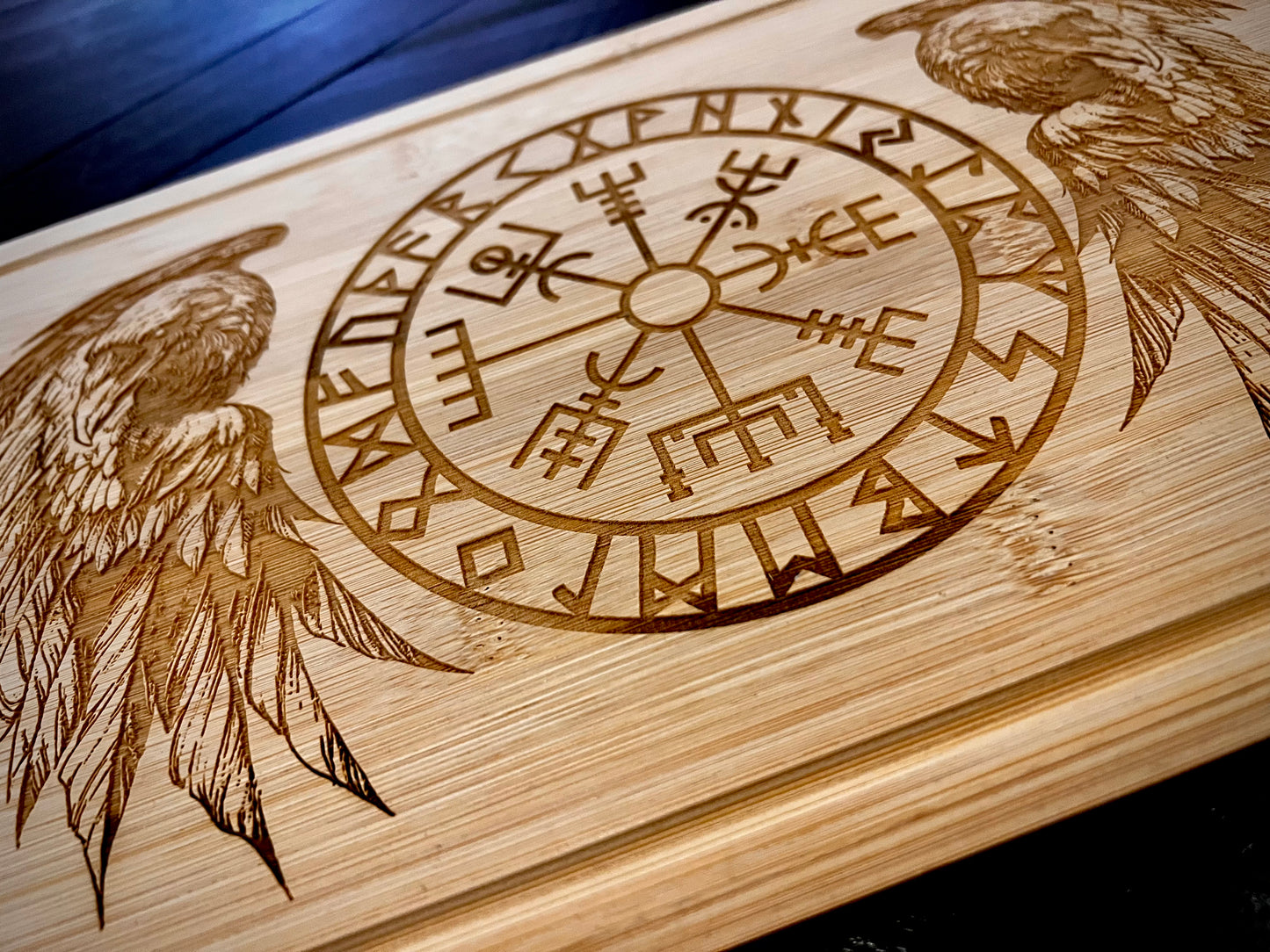 Cutting Board - Odin's Twin Ravens & Vegvisir engraved on Bamboo
