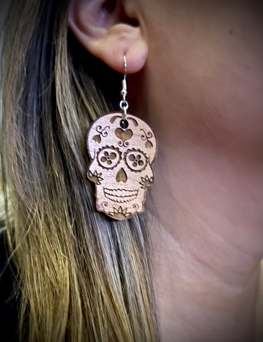 Earrings - Sugar Skulls engraved on Cherry Wood