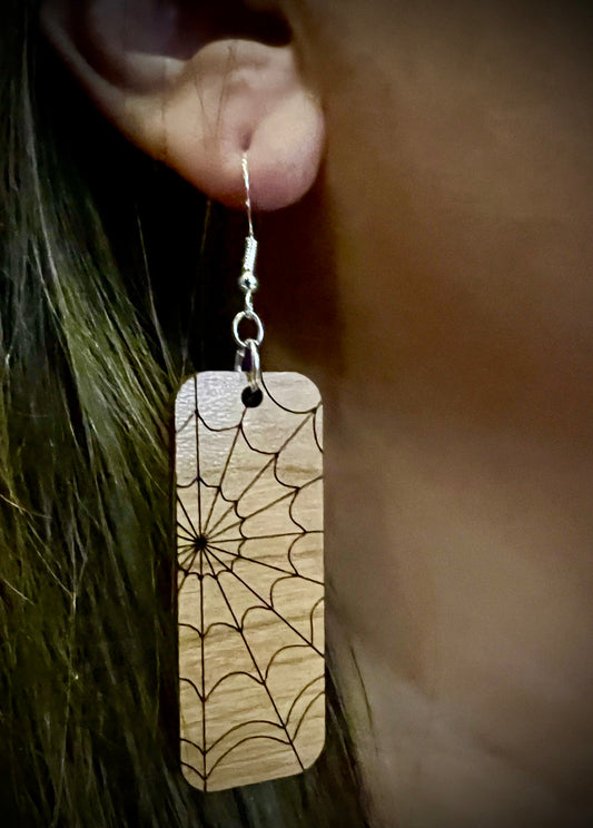 Earrings - Spiderweb Design engraved on Cherrywood