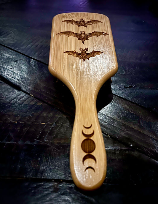 Hairbrush  - Triple Bat Design Engraved on Bamboo Handle