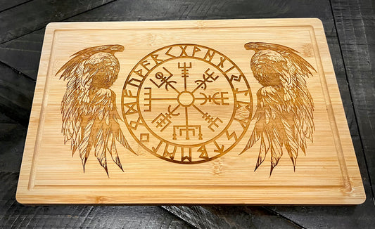 Cutting Board - Odin's Twin Ravens & Vegvisir engraved on Bamboo