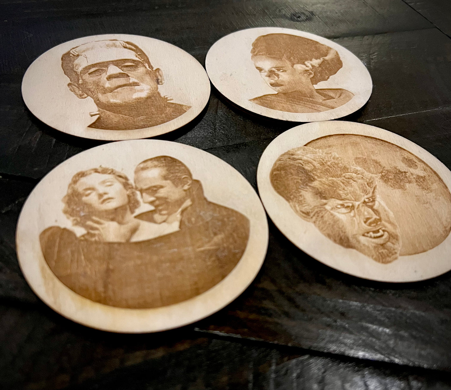 Coasters - Classic Monsters engraved wooden with cork backing